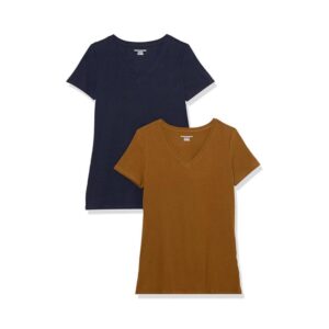 Women's Regular-Fit V-Neck Short Sleeve T-Shirt Dark Chestnut Brown Navy